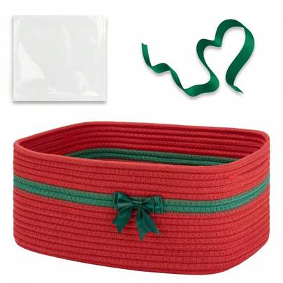 Christmas Woven Storage Basket With Handle, Rectangular Gift Decorative Basket  Christmas Home Desktop Decor