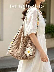 Crochet Flower Decor Colorful Square Crochet Strap Knit Shoulder Bag Open Closure Spacious Convenient Access Suitable For Travel Vacation Outing Commute Shopping - Light Khaki - View 8
