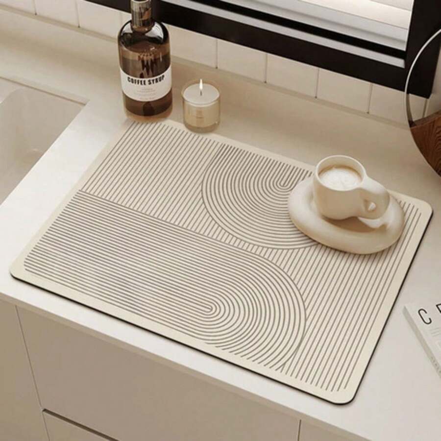 1 miếng thảm ráo bát họa tiết kẻ sọc, tấm lót thoát nước nhà bếp chống trượt, thảm bồn rửa bàn thấm hút nhanh khô, phù hợp dùng với giá để bát