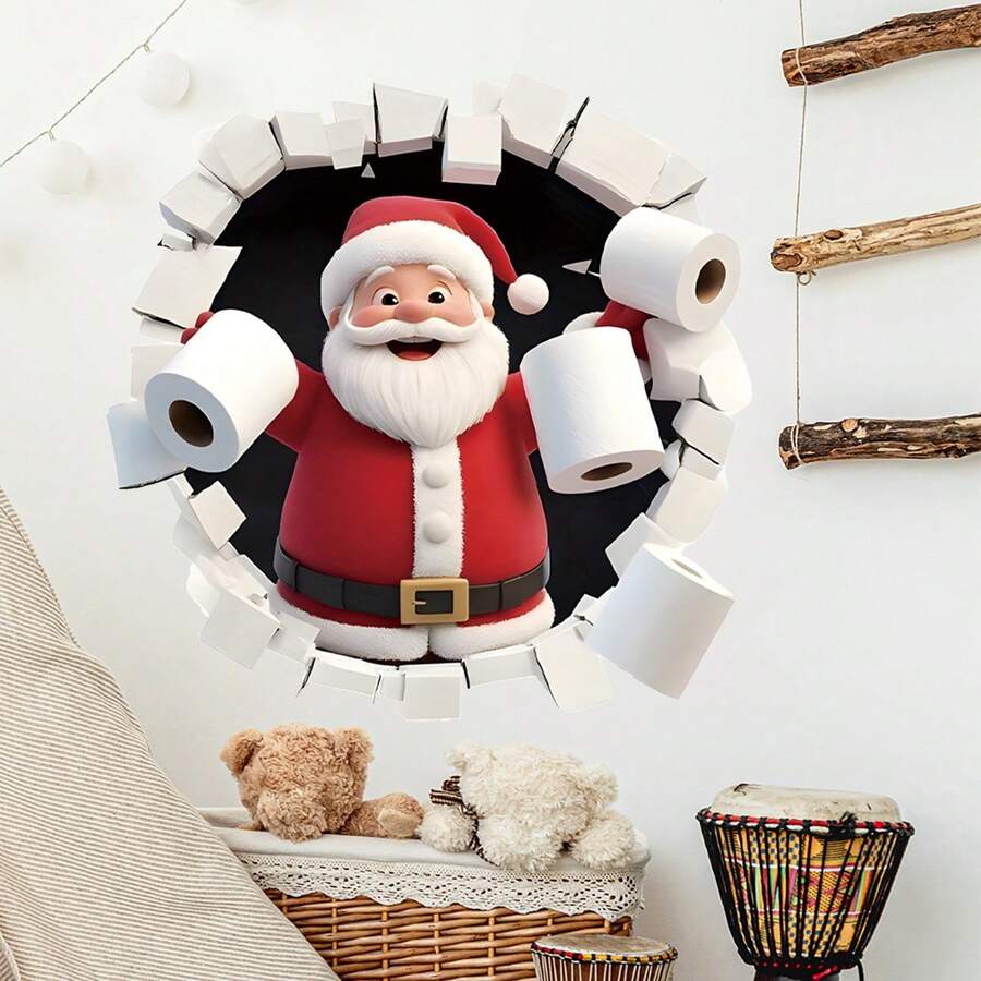 Christmas 3D Wall-Breaking Effect Funny Santa Claus Decorative Wall Sticker Toilet Sticker Bathroom Background Wall Decoration PVC Self-Adhesive Sticker Christmas Party Decoration - One Piece In Multiple Colors - View 1