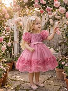 Baby Girls Sequin Mesh Fluffy Flower Girl Dress Princess Gown Suitable For Party, Headband Not Included - Dusty Pink - View 4