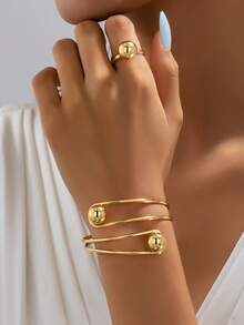 European And American Island Style Metal Hammered Texture Starfish Bracelet And Ring Set, Beach Outfit Ocean Atmosphere Accessories - Yellow Gold - View 17