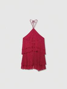 Vestido sin mangas con tirantes finos, volantes, lunares, capas y cuello halter - Rojo - Ver 2