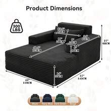 57 Inch Chaise Lounge Chair Indoor, Oversized Corduroy Upholstered Boneless Sofa Bed,Cloud Reading Chair For Living Room Bedroom, Deep Seat Sleeper Couch, No Assembly Required - Black - View 6