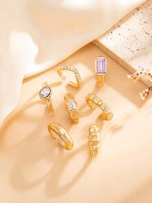 6pcs Vintage Minimalist Luxury Rhinestone Rings Set, Metal Gold Open Finger Rings, Fashion Accessories For Women Daily, Party, Vacation, Gifts For Friends - Yellow Gold - View 9