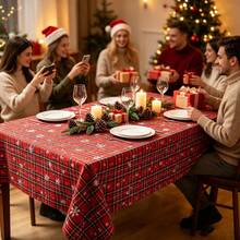 1pc Christmas Red Plaid Tablecloth With Snowflakes, Double Sided Printed Farmhouse Xmas Decorative Table Cover For Holiday Dinner Party, Rectangular Washable Fabric Table Cloth For Kitchen Dining Home Decor - Multicolor - View 5