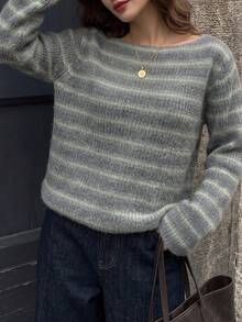 Women's Fall Grey Green Striped Knit Top, Boat Neck Drop Shoulder Ribbed Cropped Long Sleeve Casual Sweater - Multicolor - View 8