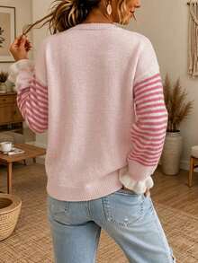 Women's Casual Round Neck Drop Shoulder Ruffle Striped Button Ribbed Cardigan, Chic Elegant Basic Going Out Back To School Sweater, Fall Winter - Multicolor - View 7