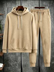 2pcs Set Autumn Winter Textured Twill Jacquard Men's Hoodie Sweatshirt And Sweatpants Set, Casual Long Sleeve Drawstring Zip-Up Pullover And Elastic Waist Sweatpants Sportswear Set, Men's Daily Street Casual Wear, Loungewear, Sports Training Wear, Jogging Sportswear Set, Suitable For Autumn Winter Wear Two Pieces Matching Set - Khaki - View 5