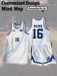 2pcs Customized Men's Basketball Jersey Set, Personalized Basketball Uniform With Name, Number, Logo, Sleeveless Tank Top And Shorts, Team Sports Apparel, Gift For Friends - Blue and White - View 2