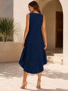 Casual Midi Dress For Women Sleeveless Crew Neck Loose A Line Irregular Hem Dress Summer Dresses For Women Vacation Outfit - 藏青色2 - 查看 4