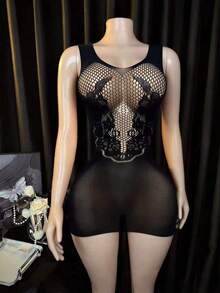 Gaun Lingerie Seksi Desain Berongga untuk Wanita Ukuran Plus - Hitam - View 1
