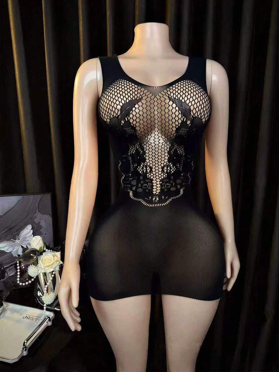 Gaun Lingerie Seksi Desain Berongga untuk Wanita Ukuran Plus - Hitam - View 1