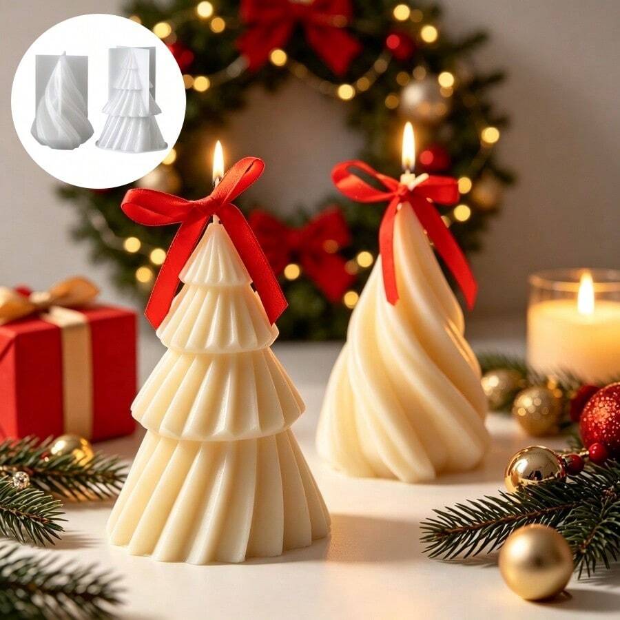 SILIKE LUFEI 2pcs Christmas Diagonal Stripe Christmas Tree & Spiral Candle Set Silicone Mold, Suitable For Making Resin, Plaster, Candle, Aromatherapy Products, Home Decor Display Silicone Mold - Silicone Mold - View 1