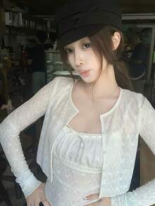 Early Autumn Elastic Lace Jacquard Cardigan & Camisole 2 Pieces Set For Women - White - View 6