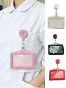 Sparkling Rhinestone ID Card Holder, Rhinestone Horizontal ID Card Holder With Clip, Small Rhinestone Retractable ID Card Holder, Cute ID Card Holder, Retractable Sparkling Crystal Card Holder, Suitable For Work ID, Bank Card, Meal Card, Work Permit, Etc., Suitable For Work, Office, Nurse, Medical, Student, Teacher, Unique Birthday Gift, Holiday Gift, Party Gift, Mother's Day Gift, Back To School Gift - Multicolor - View 2
