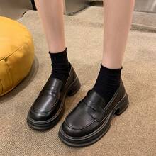 Women's Round Toe Thick Sole Platform Loafers, Vintage British Style Slip-On Spring Autumn College Commuter Shoes - Black - View 2
