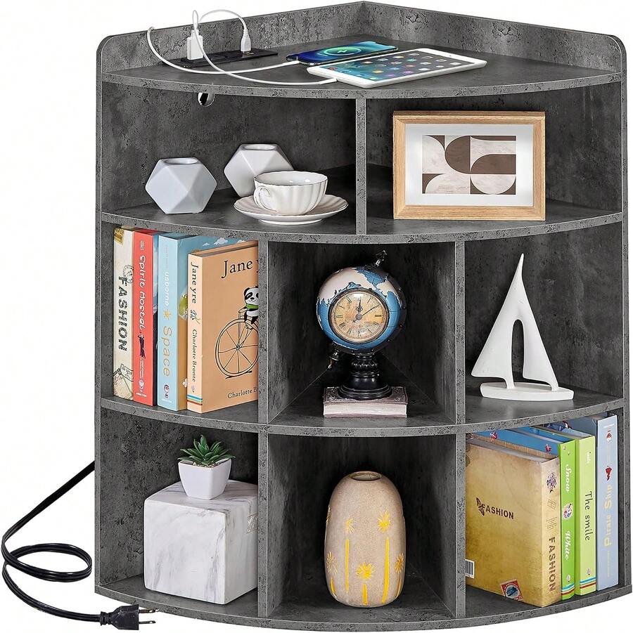 clóset de Esquina con estación de Carga, Organizador de Almacenamiento de Cubos de 3 Niveles con Puertos USB y tomacorrientes, librerías Triangulares con 8 Cubos para Sala de Juegos, - Gris 1 pieza - Ver 1