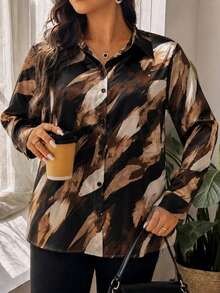 Women's Plus Size Elegant Artistic Print Button Long Sleeve Blouse, Suitable For Autumn Daily Wear And Fashion Commute Top - Chocolate Brown - View 3