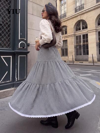 YIU Falda larga casual y elegante a cuadros para mujer, decorada con detalles de encaje en contraste, falda larga multicapa de tela tejida