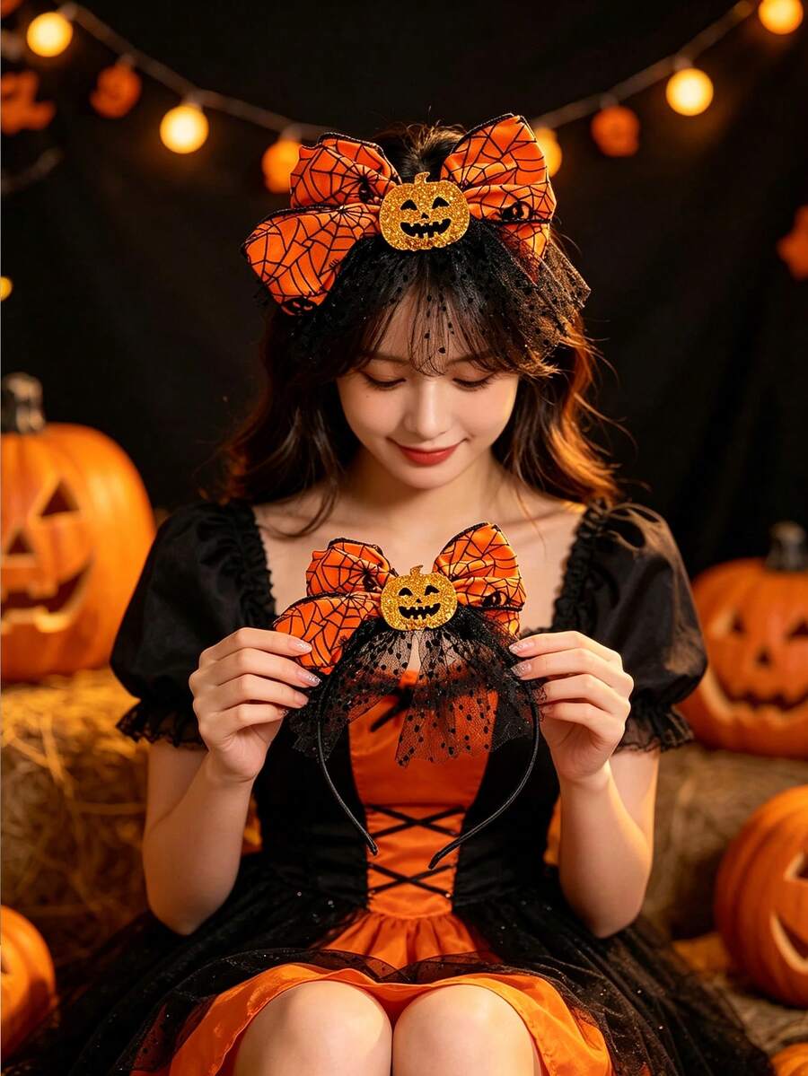 Halloween Party Accessories, Includes 1 Halloween Pumpkin Headpiece Decorated With Orange Spider Web Bow, Suitable For All Genders, Made Of Resin And Mesh Material, Perfect For Holiday Costumes And Photography Props - Multicolor - View 1