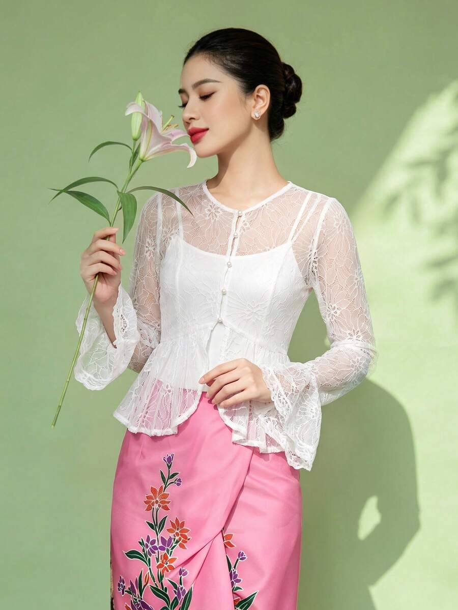 1pc Elegant Lace Long Sleeve Cardigan Top For Women - White - View 1