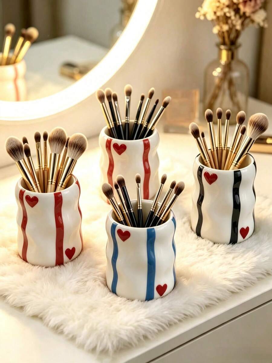 1pc Irregular Wavy Striped Heart Decor Makeup Brush Holder, Multipurpose Cosmetic Tool Organizer Cup, Cute Pen Holder For Dressing Table Bathroom Desk Home Decor - Multicolor - View 1