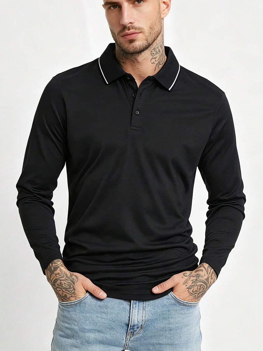 Men's Spring/Autumn Polo T-Shirt, Business Casual Fashion Gentleman Long Sleeve Turn Collar - Black - View 1