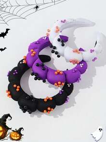 1pc/3pcs Women's Dark Girl Style Black & Orange Contrast Fabric Pumpkin Color Beaded Puff Pearl Headband - Multicolor - View 4