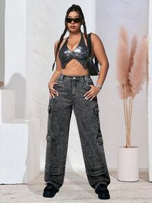 Grey Plus Size Straight Leg Wide Leg Cargo Jeans Women Solid Color Denim Fabric Pockets Plus Size Cargo Jeans Women Daily Holiday All Seasons - Grey - View 4