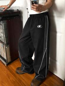 Men's Draped Wide Leg Casual Sports Pants With Adjustable Drawstring Waist And Side Contrast Stripe Decor, Pair With Functional Hooded Jacket For Travel, Training And Daily Wear, Slimming Versatile All-Match Long Pants - Black - View 4