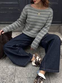 Women's Summer Grey Green Striped Knit Top, Boat Neck Drop Shoulder Ribbed Cropped Long Sleeve Casual Sweater - Multicolor - View 8