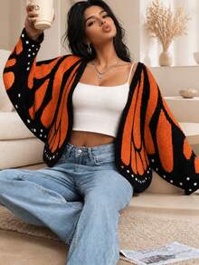 Yuwenier Vintage Butterfly Print Short Knit Cardigan Women's V-Neck Loose Long Sleeve Street Style Autumn/Winter Clothing Holiday Halloween Fall - Multicolor - View 4