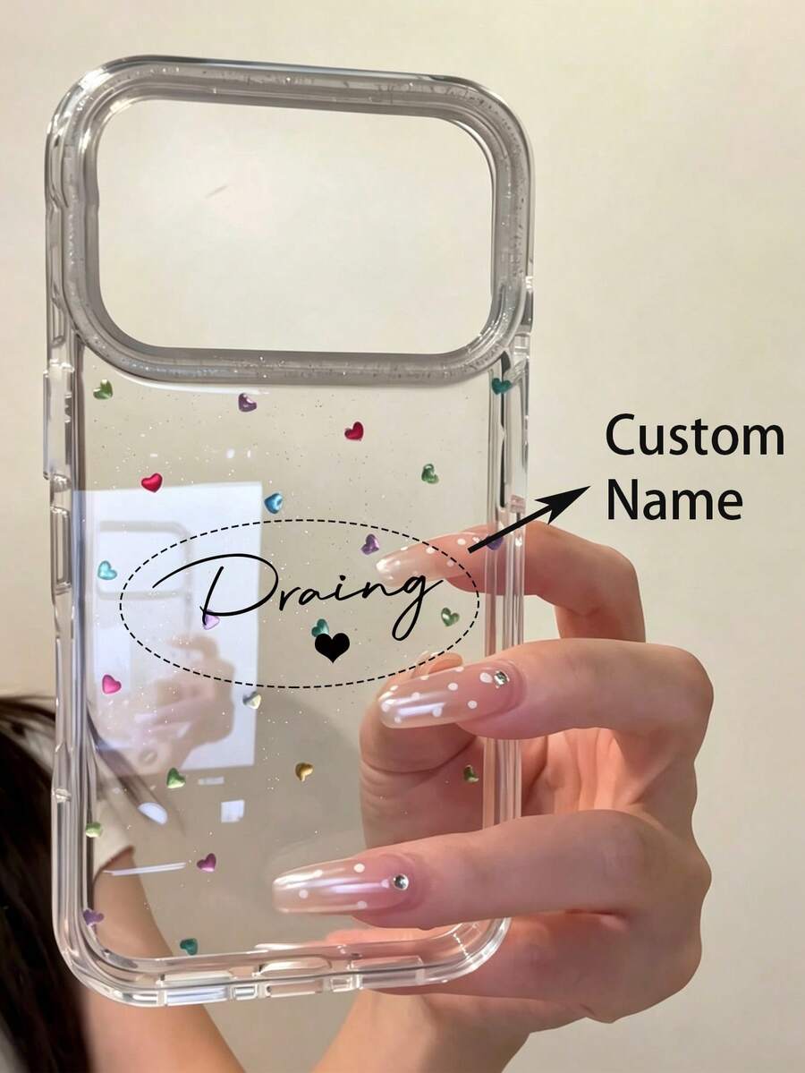 [Customized] Personalized Customized Letters Engraving Name 2D Flat Heart Transparency Pattern Phone Case Compatible With IPhone 17 Pro Max 17 16 15 14 13 12 Pro Max 14 15 16 Plus Shockproof Protective Cover - Clear - View 1