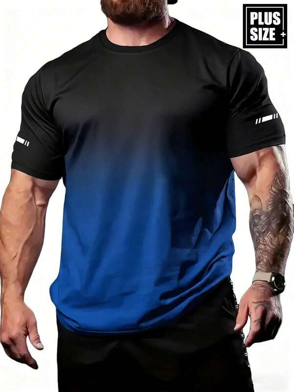 Plus Size Men's T-Shirt, Gradient Color Crew Neck Basic Casual Top, Plus Size Fit, Fashion Reflective Print, Suitable For Work And Casual Wear, Essential For Sports Running And Gym Training