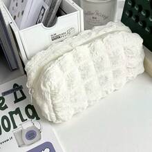 1pc Cloud Ruffled Texture Pencil Case Solid Black White Color Large Capacity Zipper Pen Bag Soft Fluffy Aesthetic Stationery Pouch Portable Multifunctional Cosmetic Makeup Storage Bag Sweet Minimalist School Supplies, Back To School - Pencil Case - View 2