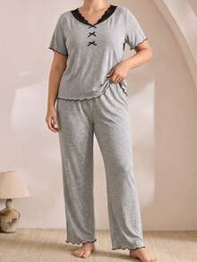 Plus Size Women's Casual V-Neck Lace Patchwork Bow Pajama Set, Frill Trim Loungewear, Comfortable And Breathable - Light Grey - View 5