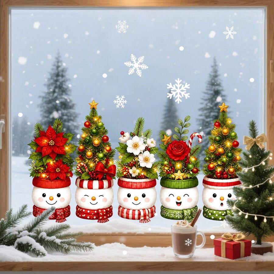 1/3pcs Cartoon Snowman And Santa Claus Head Potted Plant Window Sticker, Double-Sided Visible PVC Electrostatic Adsorption Glass Sticker, Suitable For Living Room, Kitchen, Dining Room, And Home Decoration. - Multicolor - View 1