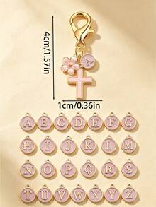 1pc New 26 English Letter Optional Enamel Drip Oil Cross & Cherry Blossom Pendant, Gold Lobster Clasp Detachable Bag Charm, Girls' Portable Key Decoration Small Gift - Pink - View 4
