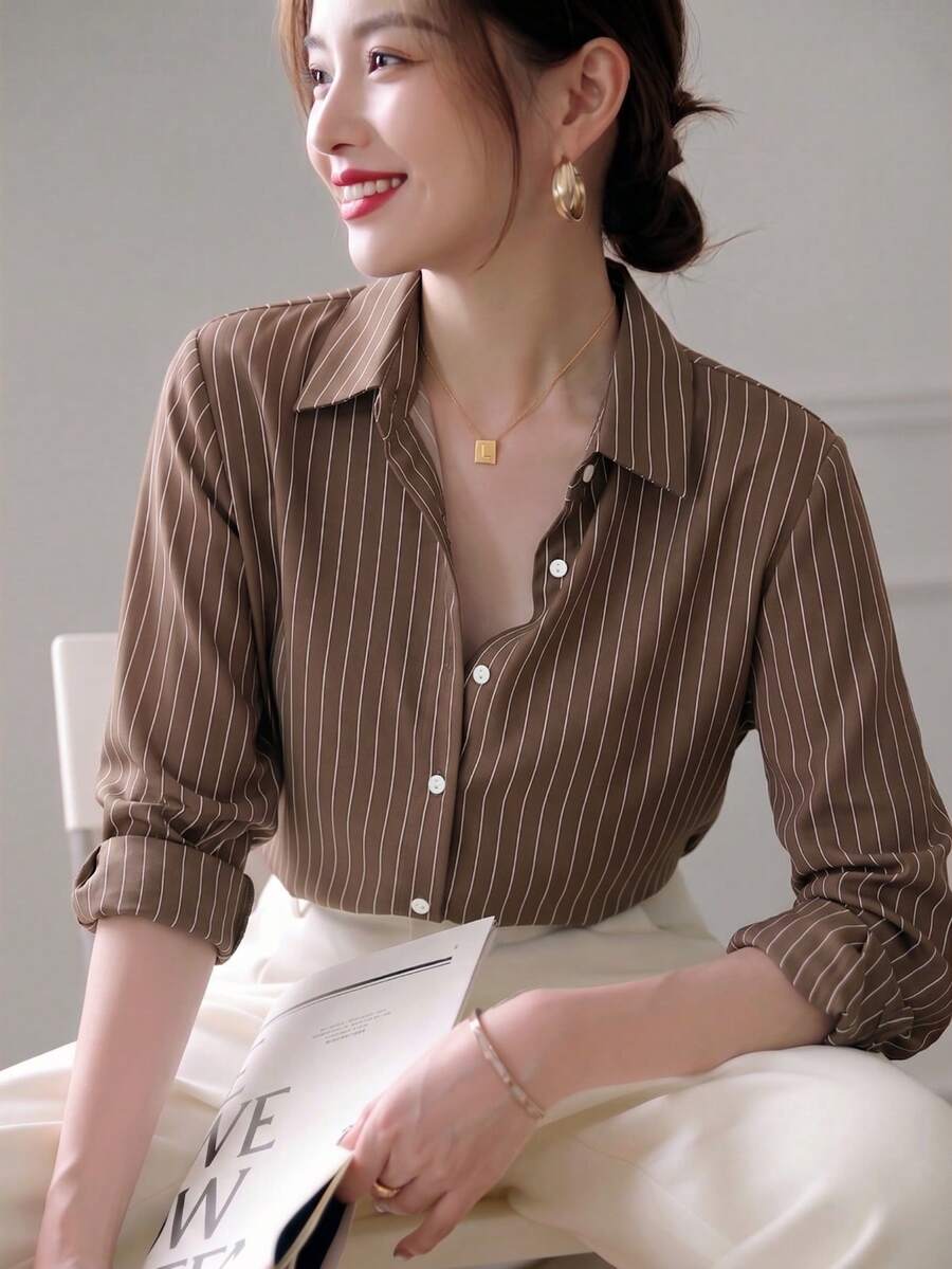 YUXIN 春秋新款女式寬鬆時尚深卡其色條紋優雅長袖襯衫，通勤專業修身百搭襯衫