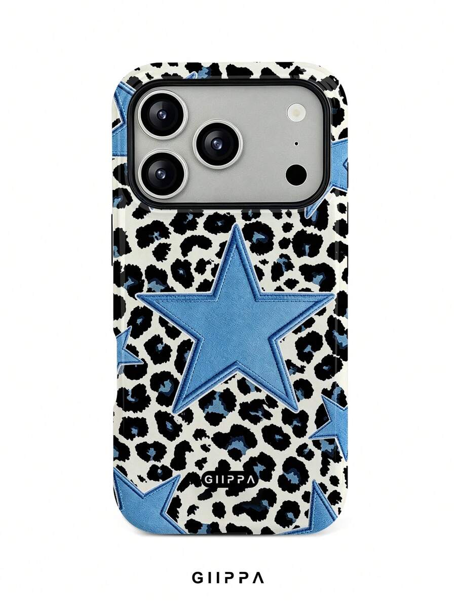 GIIPPA 1pc Leopard Print Bottom & Blue Five-Pointed Star Pattern Design, Phone 17 Pro Max Phone Case, Compatible With Phone 16 Pro Max, 15 Pro Max, 14 Pro Max, Korean-Style High-End Fashionable & Fun Phone Case, Suitable For 11/12/13/14/15/16 Pro Max Plus, Elegant Design For Men & Women, Perfect Gift For Girlfriend On Christmas, Valentine's Day, Easter, Wedding Season And Birthday! - Blue - View 1