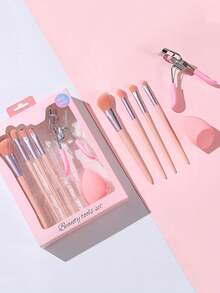 4pcs Makeup Brush Set With Eyelash Curler And Makeup Sponge, Multi-Functional Makeup Tool Set, Suitable For Foundation, Eyeshadow, Blush, Portable Makeup Gift Box, Suitable For Girls And Women - Multicolor - View 5