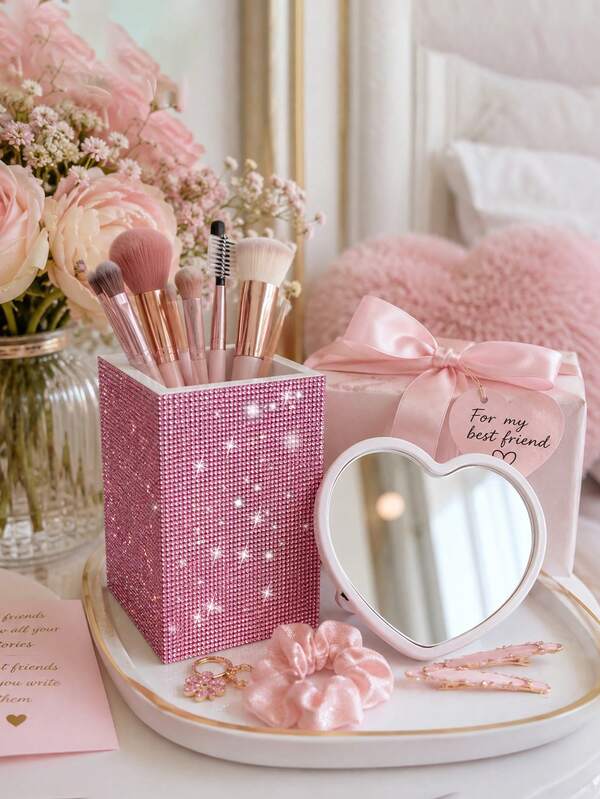 Sparkling Crystal Rhinestone Makeup Brush Holder, Heart-Shaped Mirror With Rhinestones, Square Sparkling Cosmetic Storage Box, Luxury Vanity Decor Pen Holder, Cute Room Decor Gift For Female Friends, Rhinestone Decorated Square Makeup Brush Holder, Sparkling Crystal Desktop Cosmetic And Pen Organizer, Vanity Decor, Sparkling Rhinestone Square Makeup Brush Holder, Multi-Function Cosmetic Organizer