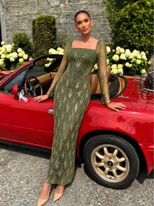 UNITHORSE [Random Cut] Square Neck Long Sleeve Tie-Waist Sequin Evening Dress - Olive Green - View 2