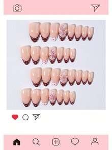 30pcs French Almond Shape Press-On Nails, Polka Dot Design, 3D Gel Flower Pattern, Decorated With 3D Steel Ball Beads, Acrylic Material. Includes 1 Sheet Jelly Glue And 1 Nail File. - Multicolor - View 4