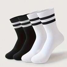 1/5/10 Pairs Black & White Striped Breathable Comfortable Socks, Unisex, Essential For Teens Sports And Back To School - Black and White - View 2