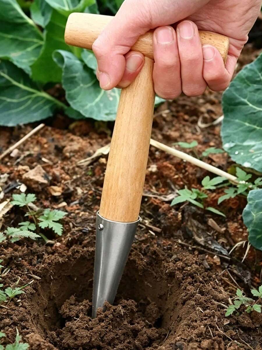 T Shape Wooden Handle Dibber Garden Tool, Stainless Steel Tip Hand Seedling Bulb Planter, Manual Soil Puncher Dibbler For Planting Flower Bulbs Seed Transplanting Gardening Supplies - Multicolor - View 1