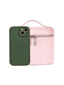 Thick Litchi Grain Wear-Resistant Durable Shaped Not Easily Deformed, Large Capacity Box-Type Storage For Makeup, Skincare And Cosmetics, Horizontal Box-Type Zipper Closure Dust-Proof, Minimalist Premium Commuter Style Makeup Storage Handbag - Pink - View 3