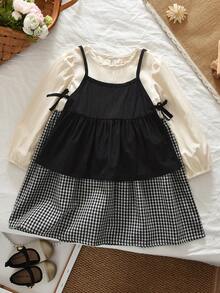 bearleader 1 To 5 Years Young Girls' Fashion Long Sleeves Patchwork Plaid Dress With A Bow Short Overall 2 Pieces Fall Or Spring Clothes - Black - View 1