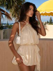 Women's Casual Fashion Halter Neck Lace Trim Puff Sleeve Mini Dress, Summer Criss-Cross Tie Back Puff Hem Dress, Suitable For Vacation, Holiday, Outing - Light Yellow - View 1